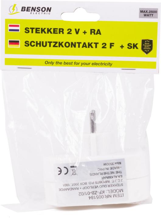 Actual product image Benson Electric Plug double adapter + earth (vertical) (CEE 7/4, CEE 7/5, 2x)