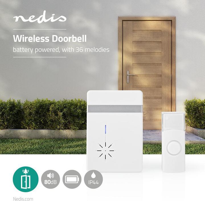 Actual product image Nedis Wireless Doorbell Set Battery Powered 3 V DC 1x CR2032 Volume: 80 dB Signal Range: 300 m IP44 (Funk)