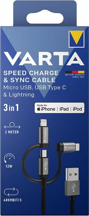 Actual product image Varta Speed Charge & Sync Cable Micro USB, USB Type C & Lightning (2 m, USB 2.0, 12 W)