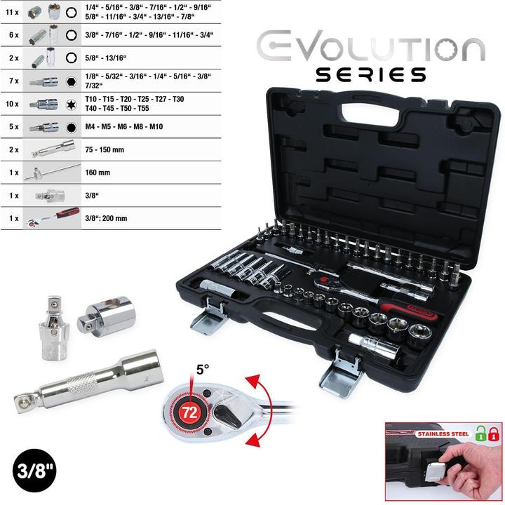 Actual product image KS Tools 3/8" CHROMEplus socket set, 46 pieces, hexagon, inch size, Flank Traction