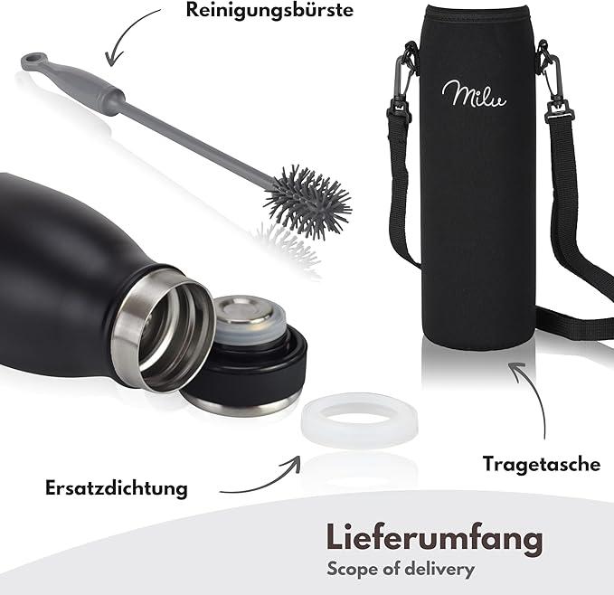 Image du produit Milu Bouteille isolante 750ml + brosse de nettoyage en silicone Couleur : Noir mat (0.75 l)