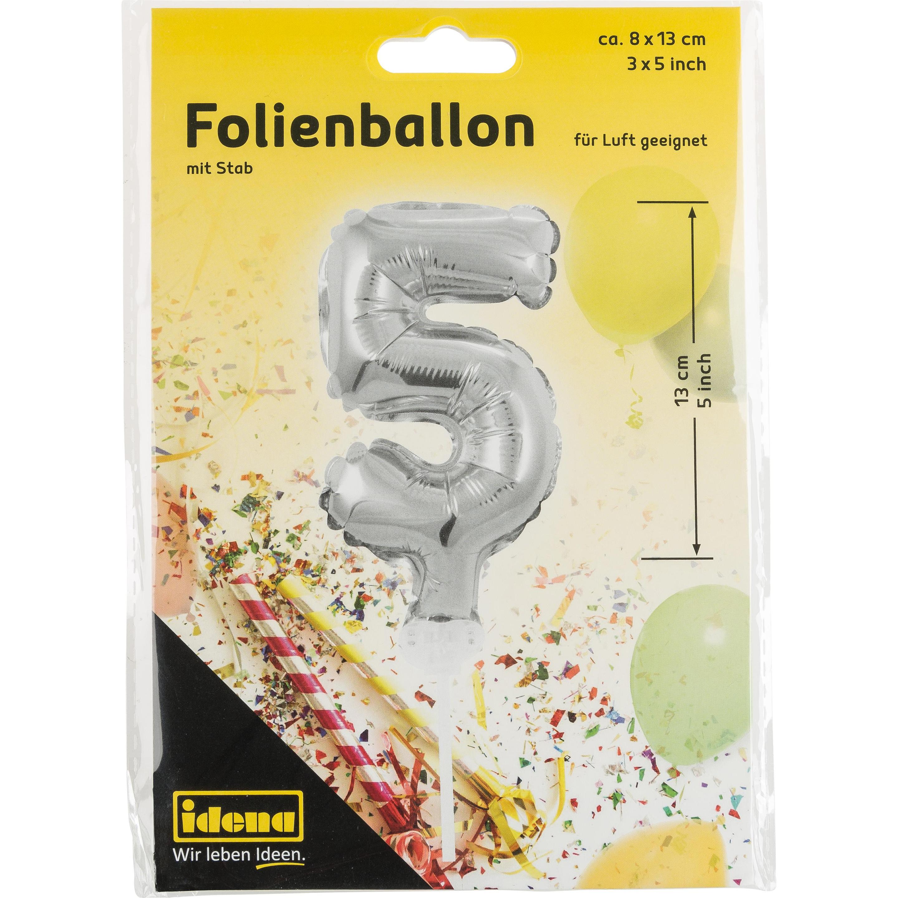 Thumbnail - Idena Folienballon Zahl 5 am Stab 13cm silber