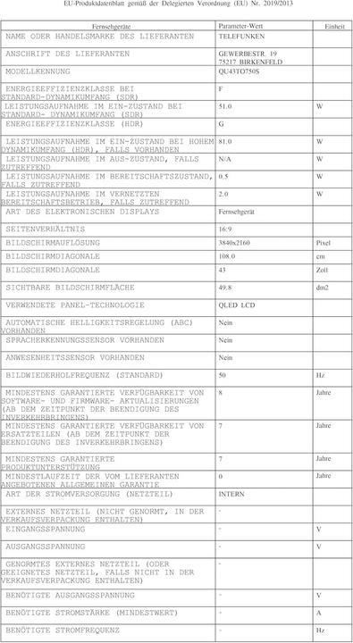 Produktbild Telefunken QU43TO750S (108 cm (43 Zoll), schwarz, UltraHD/4K, Triple Tuner, SmartTV, TiVo Betriebssystem) (43", QLED, 4K, 2024)