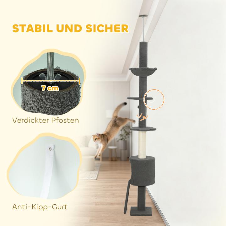 Produktbild PawHut Kratzbaum Spanplatte, Polyester Dunkelgrau (220 cm, Dunkelgrau)