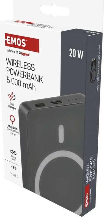 Actual product image Emos Powerbank WI 522, 5 000 mAh, 20 W+Wireless, grey (5000 mAh, 20 W, 19.25 Wh)