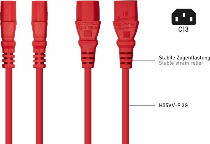 Produktbild Kabelmeister Netzkabel Schutzkontakt-Stecker Typ E+F (90° gew.) an Kaltgeräte-Buchse C13, rot, 1,00 (5 m)