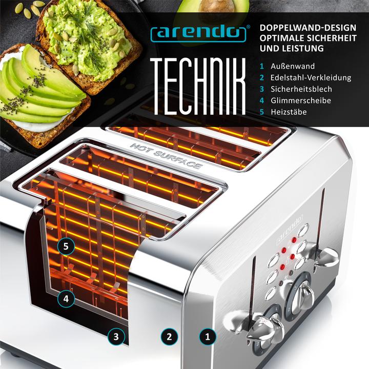 Produktbild Arendo Edelstahl Toaster 4 Scheiben, Automatik, Edelstahl, Wärmeisolierendes Doppelwandgehäuse, silber
