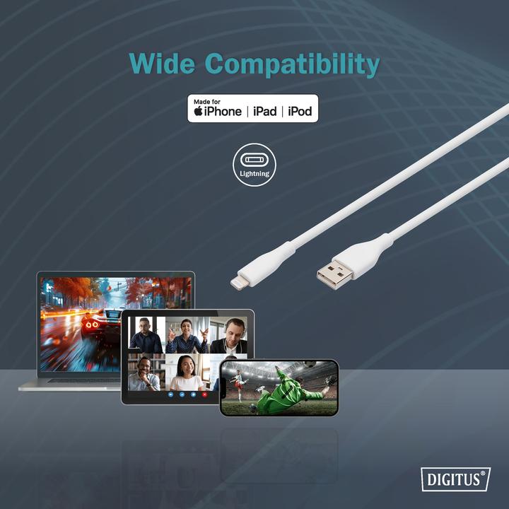 Actual product image Digitus Lightning silicone connection cable, USB-A - Lightning 1m, white (1 m, USB 2.0, 12 W)
