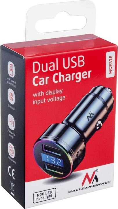 Immagine prodotto Maclean MCE375 caricatore da auto doppio con display Presa accendisigari Voltmetro in alluminio USB 1 x QC