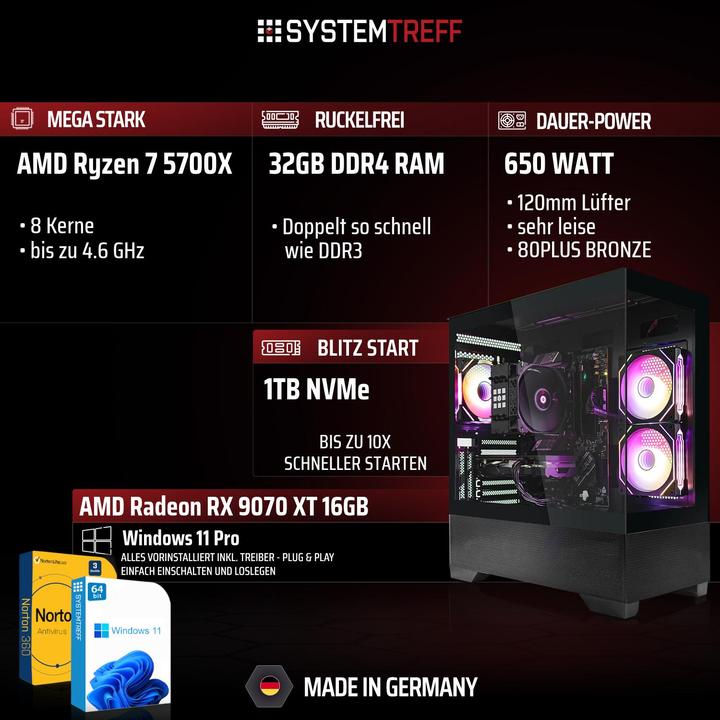 Produktbild SYSTEMTREFF Gaming PC G255658 (1000 GB, 32 GB, AMD Ryzen 7 5700X, Radeon RX 9070 XT)