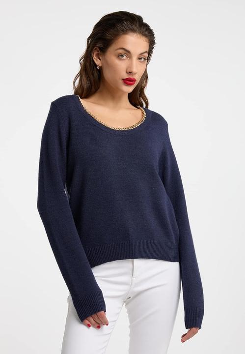 Actual product image Nelice Elegant Women's Knit Sweater with Gold Chain Neckline and Ribbed Cuffs (S, XS)