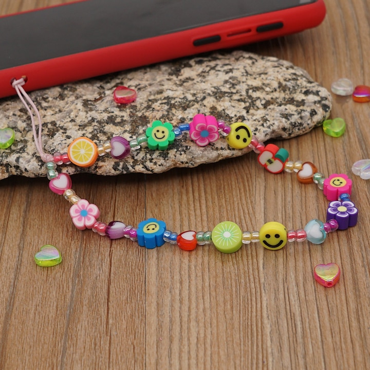 Produktbild PhoneLook Universal Smartphone Armband Schmuck Charms Blumen Früchte und Emojis Perlenband
