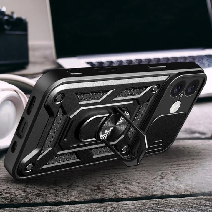 Actual product image Hurtel Hybrid Armor Camshield iPhone 16 Plus Armoured Case with Camera Cover and Stand - Black (Apple iPhone 16 Plus)