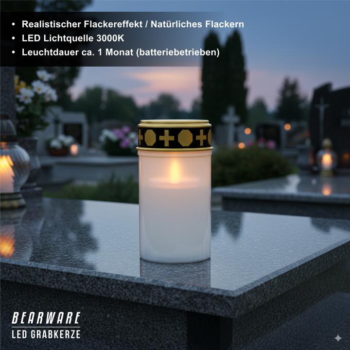 Actual product image Bearware 3x LED Grablicht, Wassergeschützt, Flackereffekt, 1 Monat Leuchtdauer, inkl. Batterien, Weiss/Gold (3x)