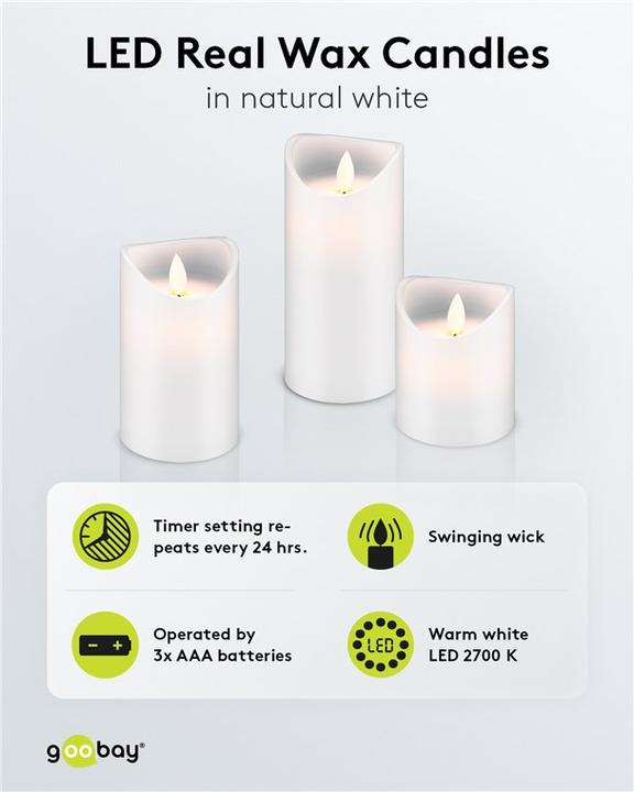 Productafbeelding Goobay LED Echte Wax Kaarsen Set van 3 Wit met Timer Functie (3 x)