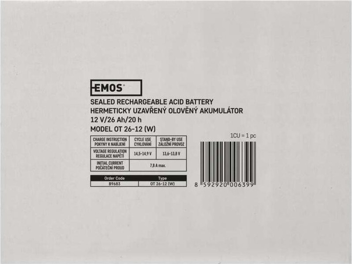 Valori nutrizionali e ingredienti Emos Batteria al piombo senza manutenzione 12 V/26 Ah L2 (1 pz., Specifico del dispositivo, 26000 mAh)
