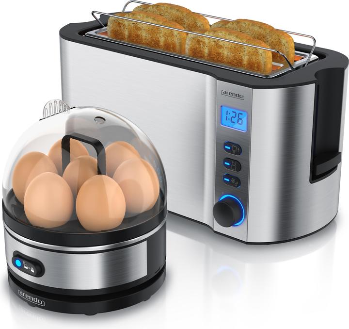 Arendo Set per la colazione, tostapane a 4 fessure lunghe con portapane e cuociuova per 7 uova, argento