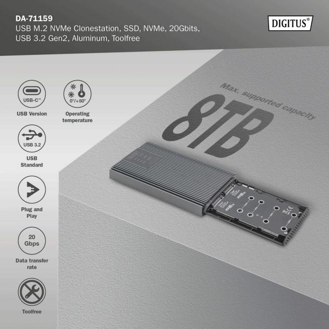 Actual product image Digitus USB M.2 NVMe Clonestation, SSD, NVMe, 20Gbits, USB 3.2 Gen2, aluminum, toolfree (M.2 2280, M.2 2260, M.2 2242, M.2 2230)
