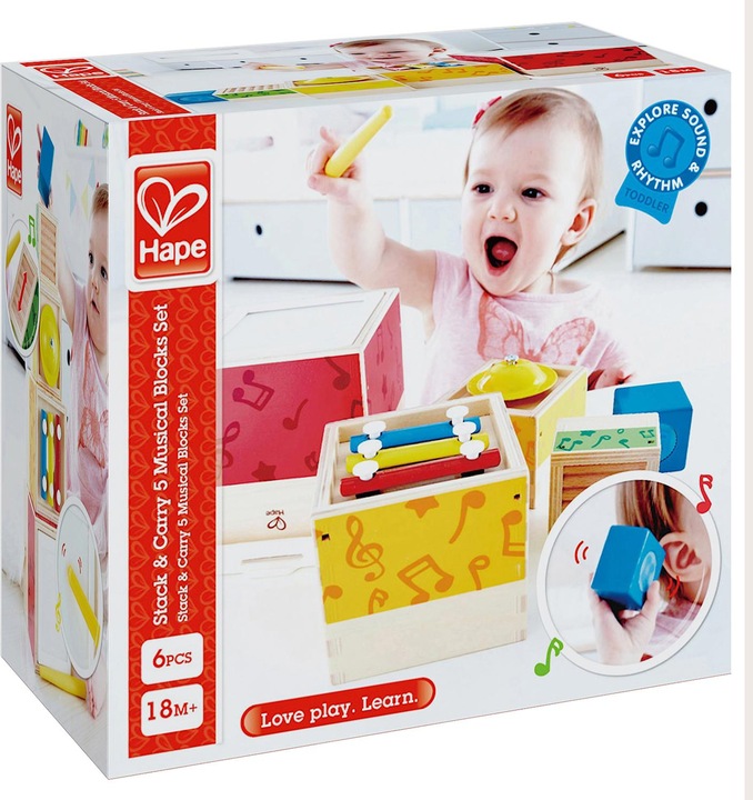 Actual product image Hape Music Stacking Cube (English, French, Italian, German, Spanish)