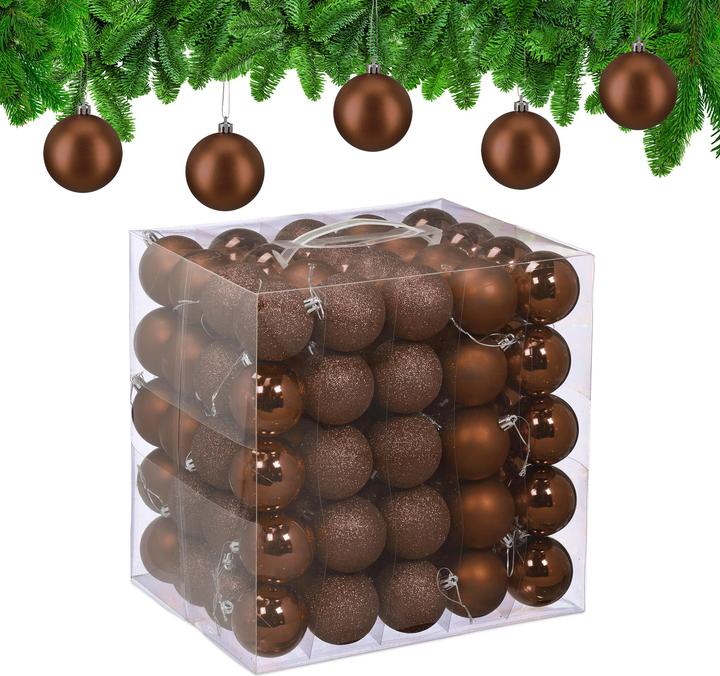 Relaxdays - Weihnachtskugeln im 100er Set, Braun/ Silber, 7 x 6 cm (100 -teilig)