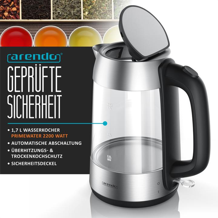 Produktbild Arendo Wasserkocher 1,7 l, 2200 W, Edelstahl & Glas, automatische Abschaltung, Kalkfilter, LED (1.70 l)