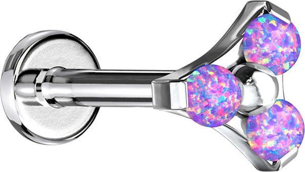 Actual product image Star Piercing Micro Labret Inner Thread Silver Triangle Three Opals Violet (without brass, Surgical steel 316L)
