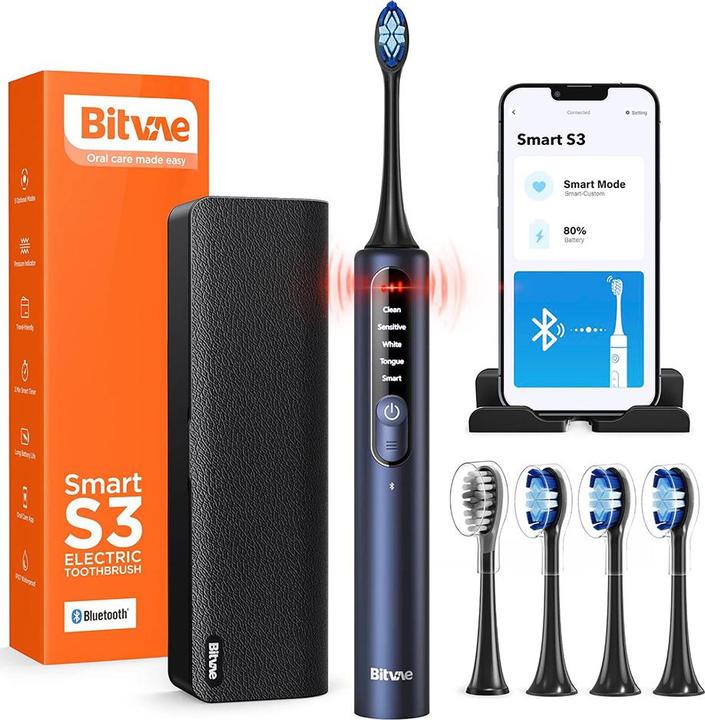 Actual product image Bitvae Sonic toothbrush with app, tips set, travel case and toothbrush holder S3 (black)