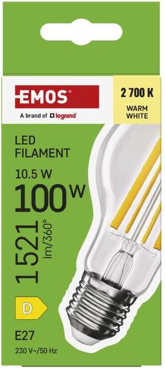Produktbild Emos LED Lampe Filament A60 / E27 / 10,5 W (100 W) / 1521 lm / Warmweiss (E27, 10.50 W, 1521 lm, 1 x, D)