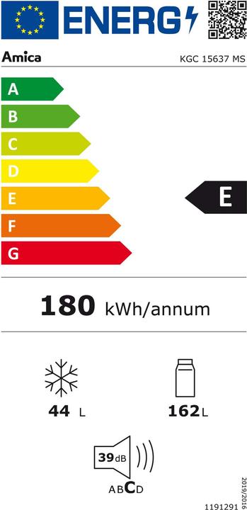 Energie-Label Amica Kühlgefrierkombination KGC 15637 MS BxHxT 55 x 144 x 61.5 cm Kühlteil 162 l Gefrierteil 44 l (208 l)