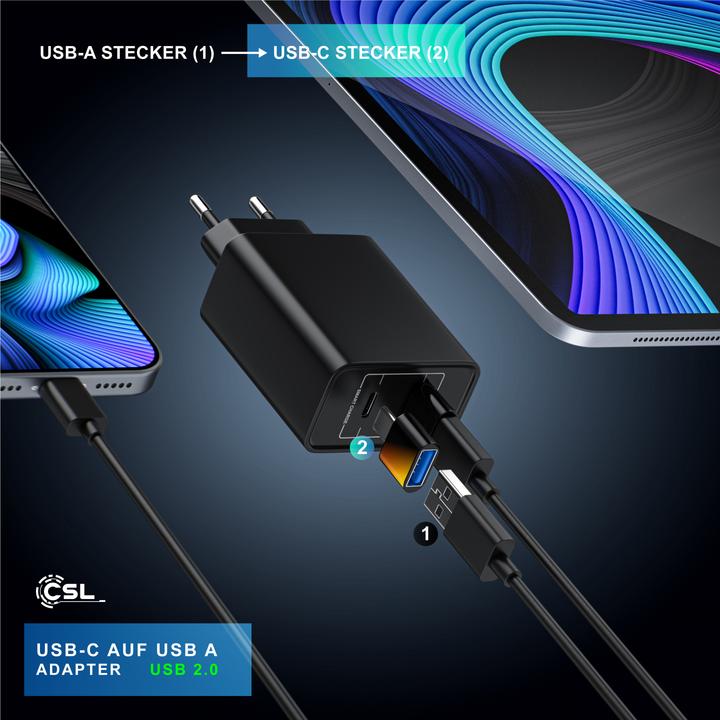 Produktbild CSL Adapter Stecker USB-A auf USB-C Buchse, USB 2.0, 480 Mbit/s Transfer, für Handy & Tablet, Plug&Play (USB Typ-C)