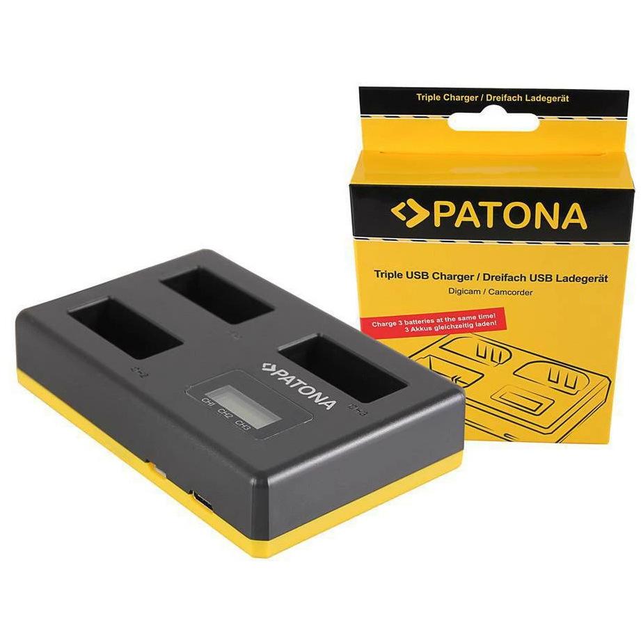 Patona Caricabatterie triplo Canon LP-E17 (Caricabatterie per fotocamere), Alimentatore fotocamera, Nero, Giallo