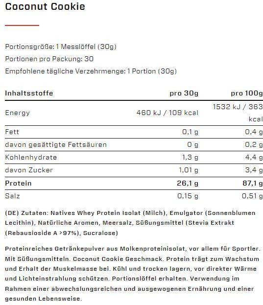 Valeurs nutritives et ingrédients Vast Sports AWhey - 100% Whey Protein Isolate, boîte de 900 g (1 x, 900 g)