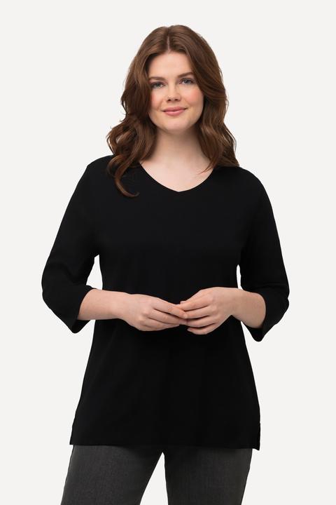 Image du produit Ulla Popken T-shirt, jersey bord-côte. Col en V et manches 3/4. Coton bio (50, 52)