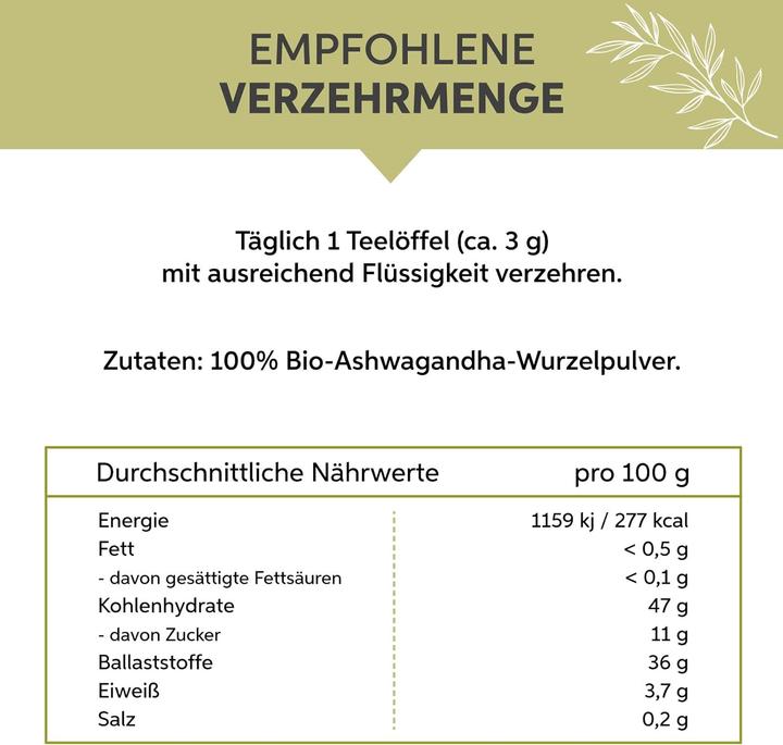 Valeurs nutritives et ingrédients Eltabia Poudre d'ashwagandha bio | Ginseng indien de qualité crudité et végétalien (Capsules, 200 g)