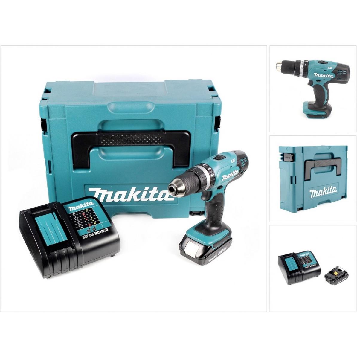 Makita, Bohrmaschine + Akkuschrauber, DHP 453 SA1J Akku Schlagbohrschrauber 18 V 42 Nm + 1x Akku 2,0 Ah + Ladegerät + Ma...