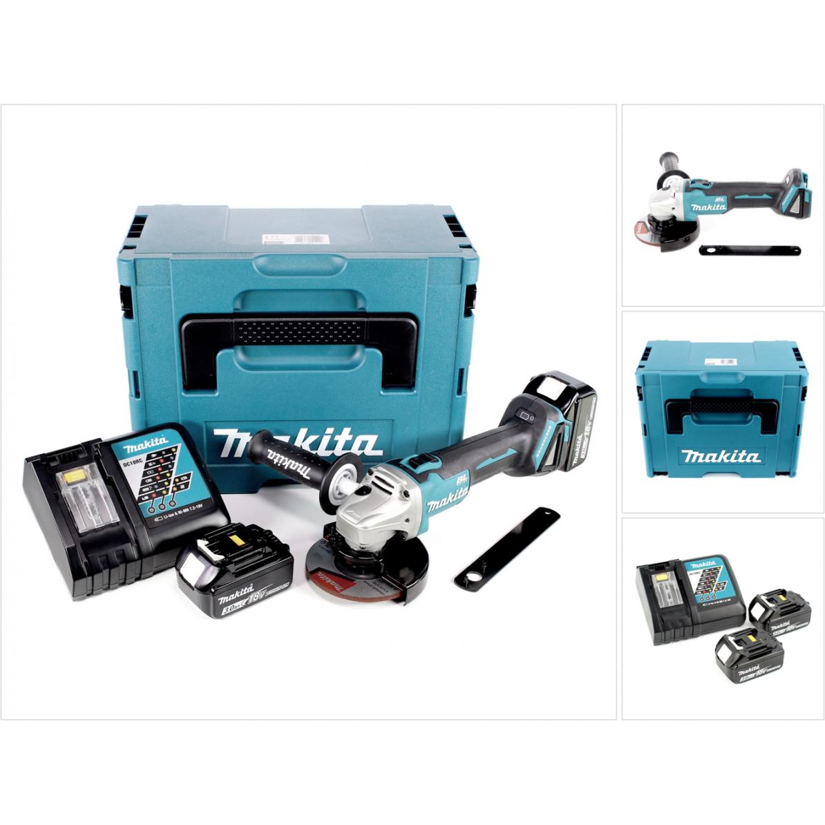 Makita, Winkelschleifer, DGA 506 RFJ Akku Winkelschleifer 18 V 125 mm Brushless + 2x Akku 3,0 Ah + Ladegerät + Makpac (1...