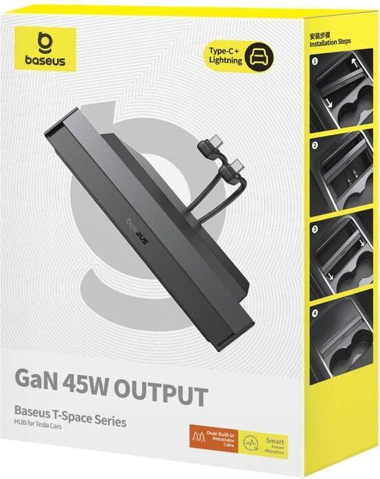 Immagine prodotto Baseus Hub T-Space con cavi da USB-C a USB-C per auto Tesla (nero) (USB-C, 3 porte)