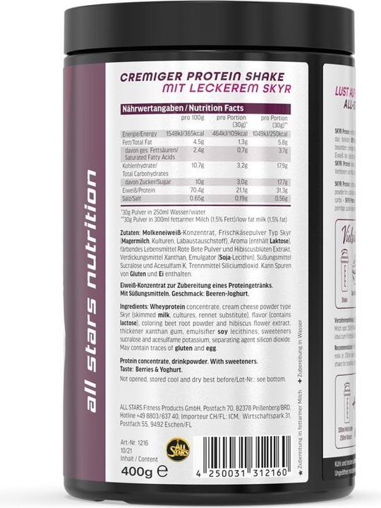 Nutritional values and ingredients All Stars Skyr protein (Berry mix, Yoghurt, 1 pcs., 400 g)