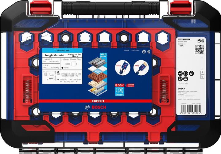 Produktbild Bosch Professional Zubehör EXPERT Tough Material Lochsäge-Set, 20/22/25/32/35/40/44/51/60/68/76 mm, 14-tlg. (68 mm, 40 mm, 51 mm, 60 mm, 22 mm, 32 mm, 35 mm, 76 mm, 25 mm, 44 mm, 20 mm)