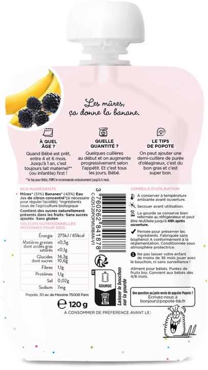 Nutritional values and ingredients Popote Quetschie Brombeere-Banane BIO (120 g)
