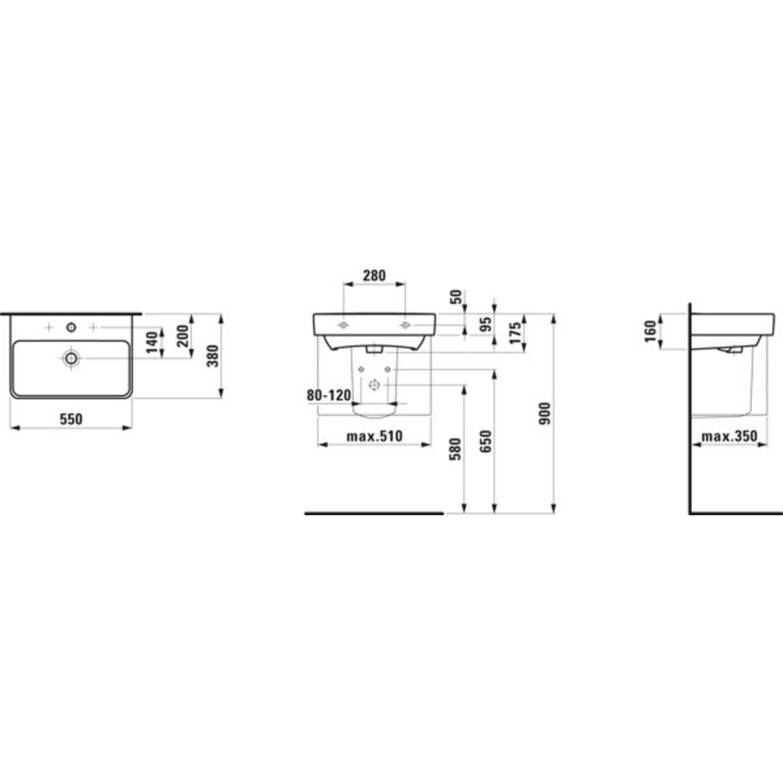 Thumbnail - Laufen, Waschbecken, Waschtisch PRO S 550x380mm Komp. o ÜL 3 HL-Ausf. weiss (380 mm, 550 mm)