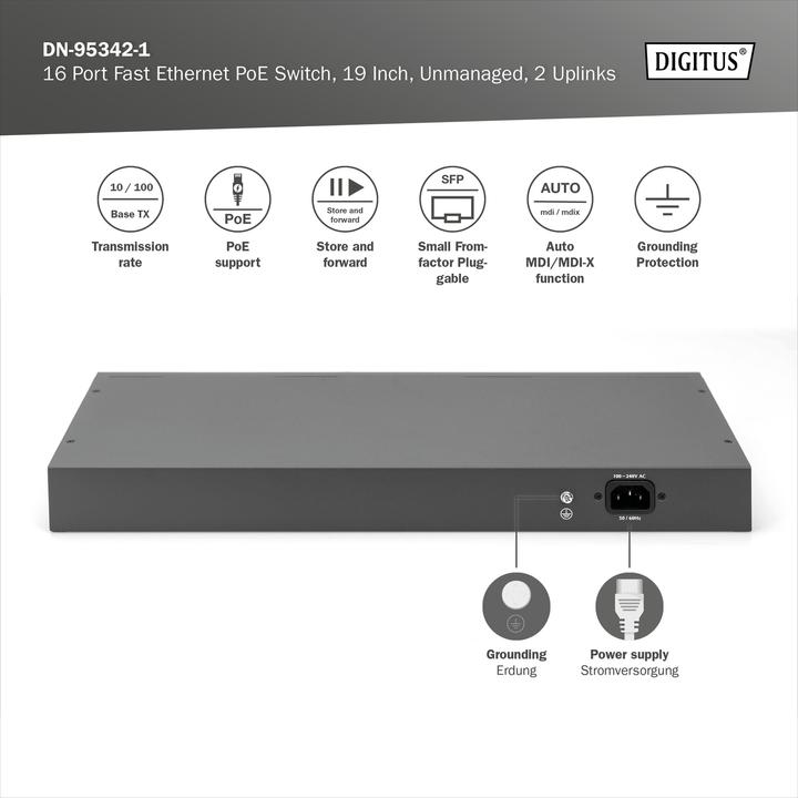 Immagine prodotto Digitus 16 Port Fast Ethernet PoE Switch, 19 Inch, Unmanaged, 2 Uplinks (16 porte)