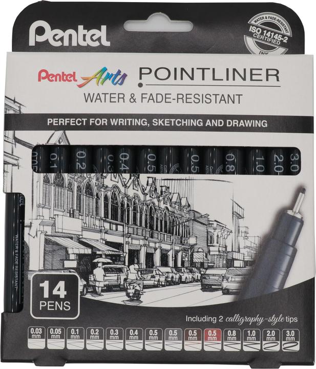 Pentel Fineliner POINTLINER Pigment 14er Set noir (Noir, gris, 14 x)