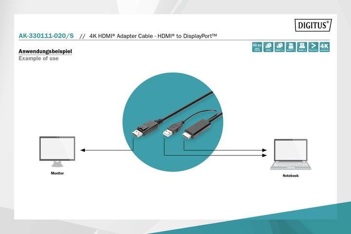 Actual product image Digitus 4K HDMI Adapter Cable - HDMI to DisplayPort (2 m, HDMI, 2.1)