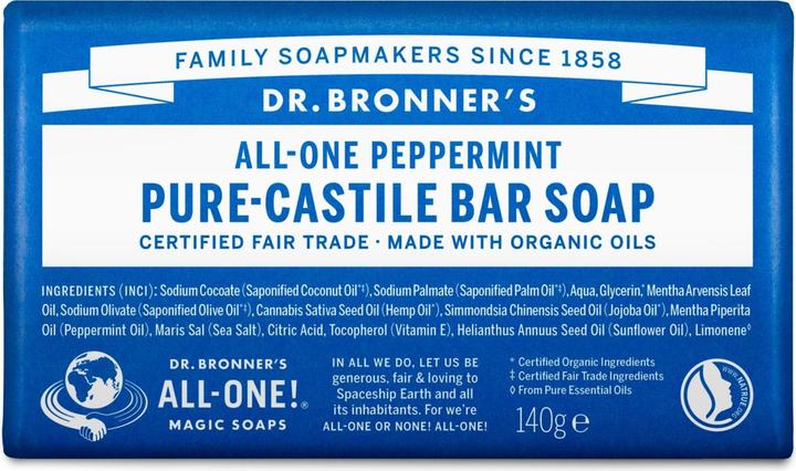 Dr. Bronner's Dr Bronner's Peppermint Pure-Castile Bar Soap with Organic Oils and Fairtrade Ingredients 140g Bar P (Hard soap, 147.90 ml)