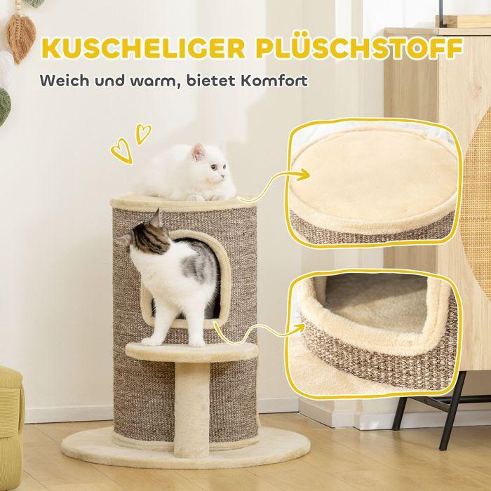 Produktbild Swisshandel24 Katzenfass, 2 Ebenen, Plattform, Aussichtspunkt, Kratzmatte, Beige (61 cm, Beige+Braun)