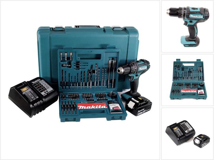 Produktbild Makita DHP 482 STK Akku Schlagbohrschrauber 18V 62Nm + 1x Akku 5,0Ah + Ladegerät + 100 tlg. Bit Boh