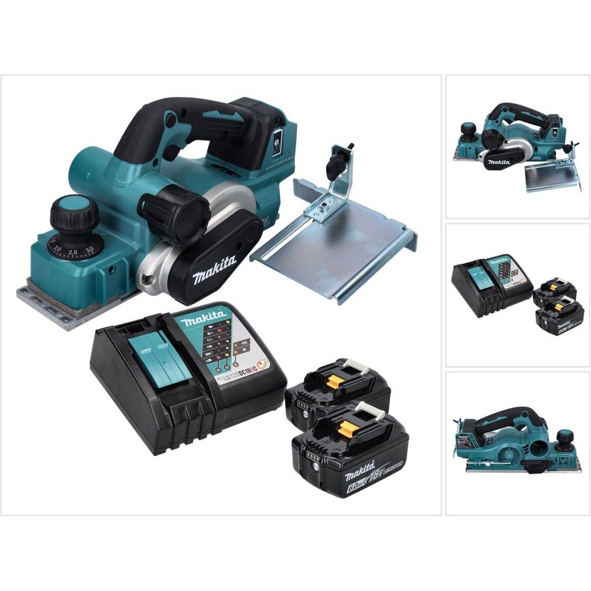 Makita, Hobelmaschine, DKP 181 RG Akku Hobel Falzhobel 82 mm 18 V Brushless + 2x Akku 6,0 Ah + Ladegerät
