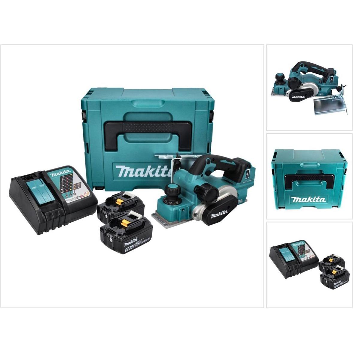 Makita, Hobelmaschine, DKP 181 RGJ Akku Hobel Falzhobel 82 mm 18 V Brushless + 2x Akku 6,0 Ah + Ladegerät + Makpac