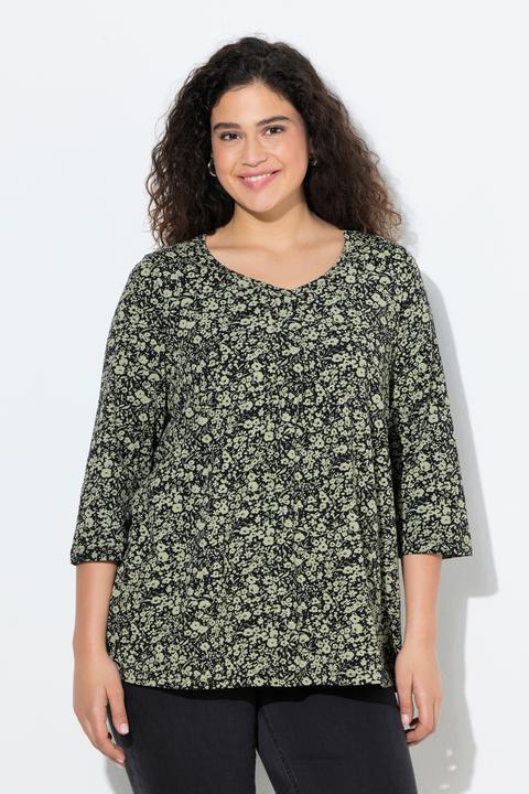 Produktbild Ulla Popken Shirt, Blüten, Zierfalten, A-Linie, V-Ausschnitt, 3/4-Arm (46, 48)